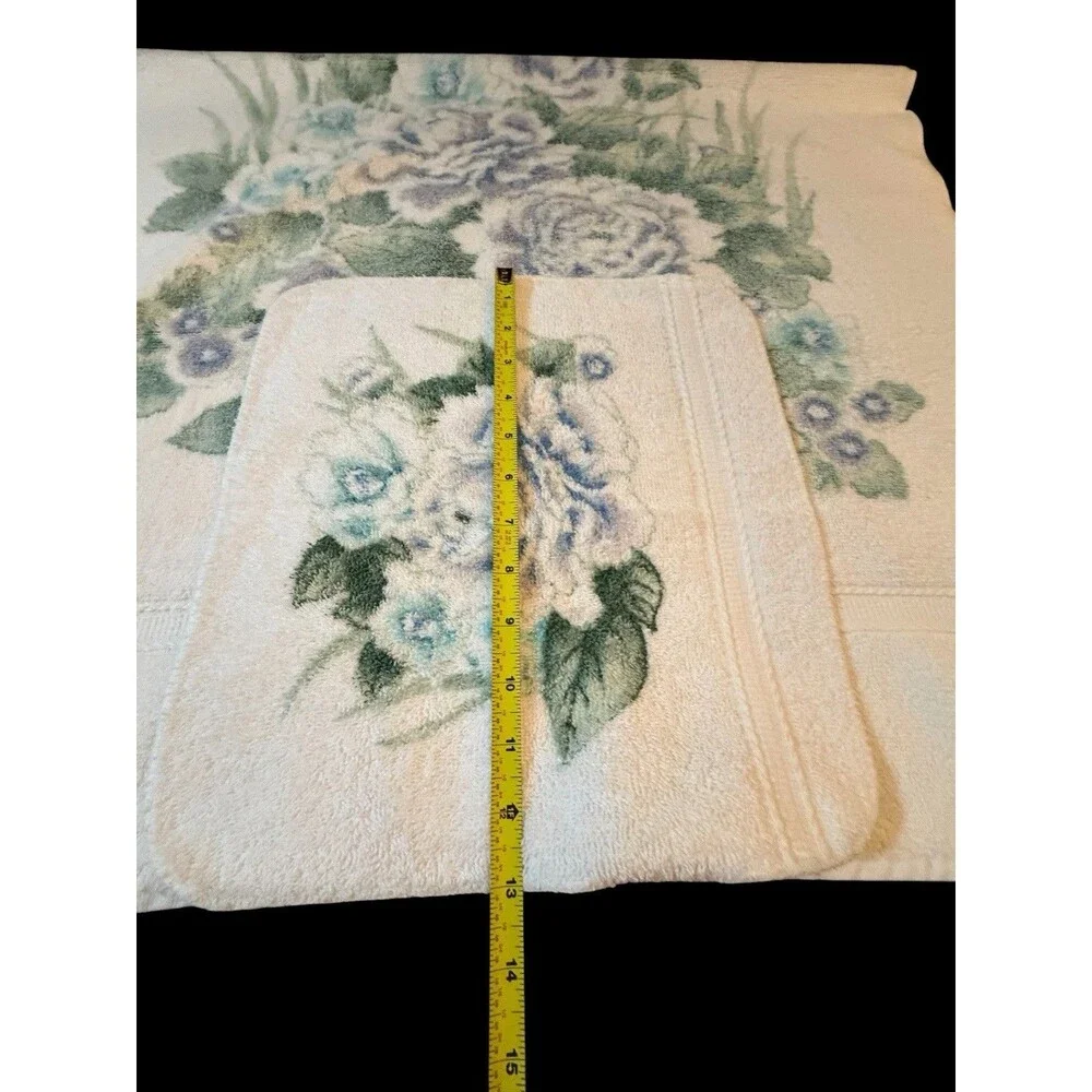 Vtg JC Penney 2pc Bath Towel & Wash Cloth Set Blue & Lavender Roses Butterfly